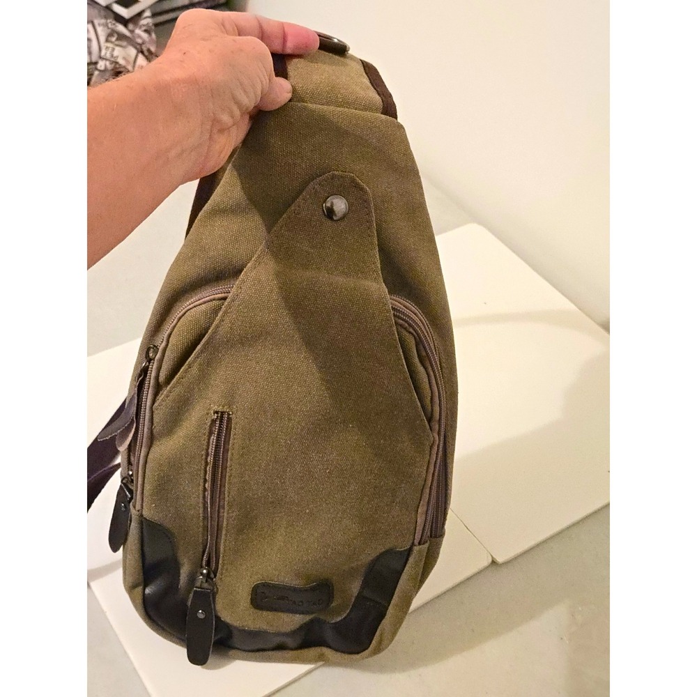 TAOTAO Men's Crossbody Sling Bag Zip Outer Pockets Adjustable Strap Tan Canvas